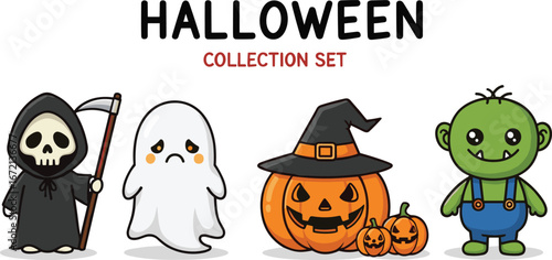 Cute Halloween cartoon character collection set, ghost pumpkin grim reaper zombie illustration, spooky holiday clipart, funny scary monster decoration vector