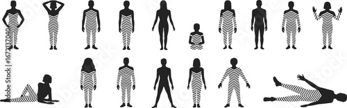 Silhouette vector illustration, human figure poses, standing sitting lying body shapes, modern lifestyle design, people clipart, abstract posture art