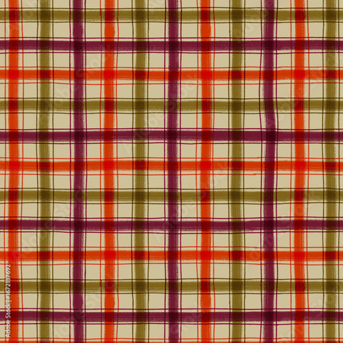Seamless Tartan Plaid Pattern in Autumn Shades of red, green, wine on neutral backdrop, perfect for festive fall holiday designs