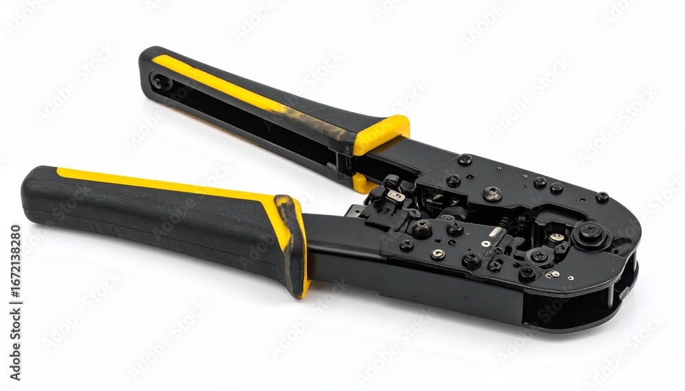 Fototapeta premium Heavy duty crimping tool with multiple die sets long handles strong leverage mechanism and insulated grips isolated on white background essential electrical connector tool 
