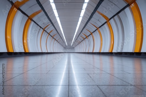 Sleek underground corridor with illuminated walls and reflective