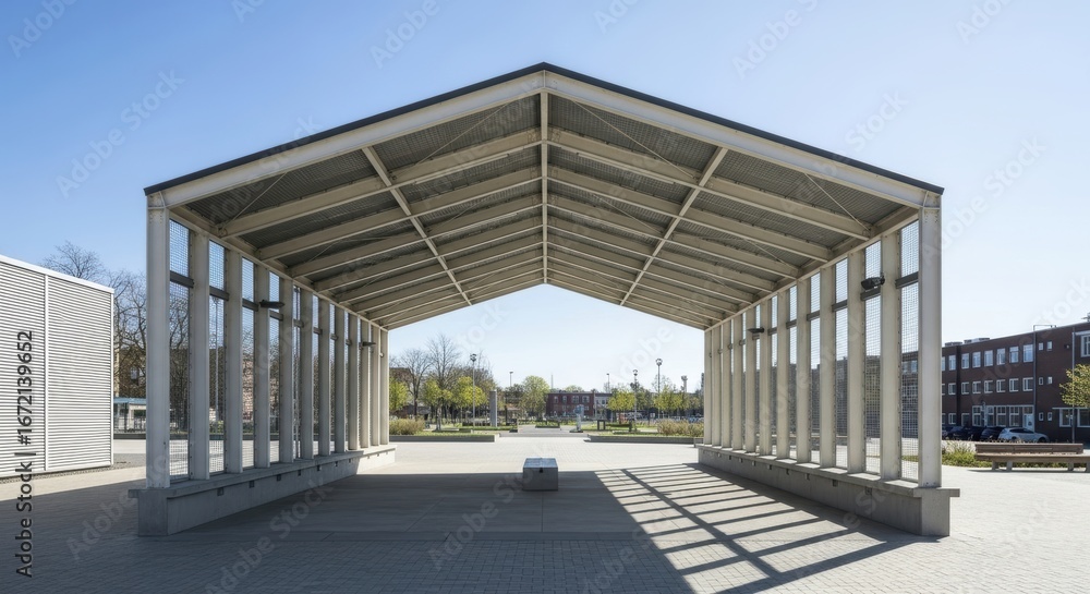 Obraz premium Modern pavilion structure with open sides and sunlit courtyard view