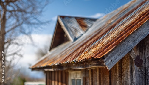 Rusty corrugated metal roof on weathered wooden building