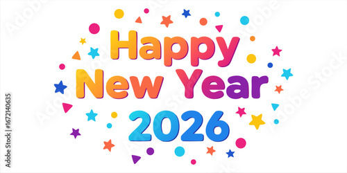 Happy New Year 2026 text design. Cover of business diary for 2026 with wishes. Brochure design template, card, banner. Vector illustration. Isolated on white background.
