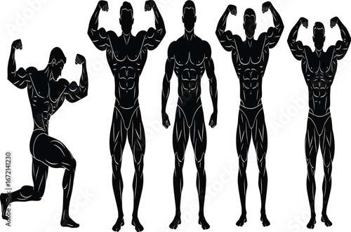 Bodybuilder silhouette poses, muscular male vector, fitness icon set, competition physique graphic, gym strength design, black workout illustration pack