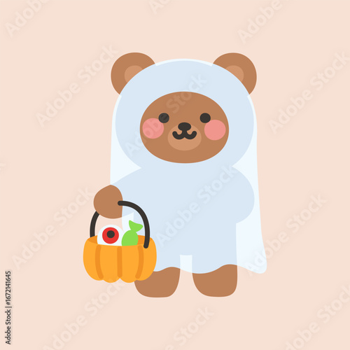 Bear in White Ghost Costume with Pumpkin Candy Basket