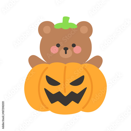 Cute Brown Bear Emerging from Inside Jack O Lantern Pumpkin Halloween