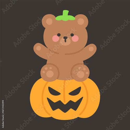 Cute Brown Bear Sitting on Top of Jack O Lantern Pumpkin Halloween