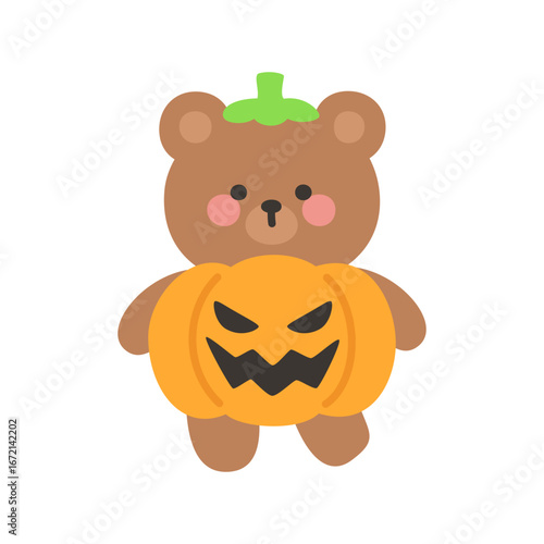 Cute Brown Bear in Pumpkin Costume with Jack O Lantern Face Halloween Isolated on White Background
