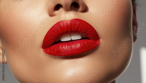 Bold red matte lipstick accentuates full lips with luxurious elegant close-up glamour