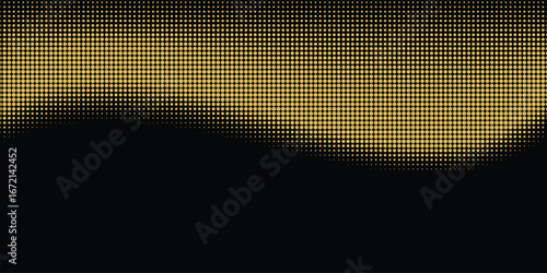 Abstract luxury banner with golden glittering dots on black background. Sparkling glitter bottom border, vector frame. Halftone effect. Magical gold dust. Pop art style backdrop.