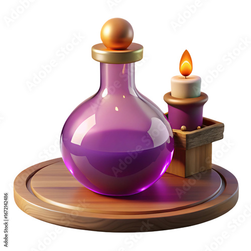 Magical Potion Bottle And Candle On Wooden Tray - Fantasy, Game Asset, 3D Render