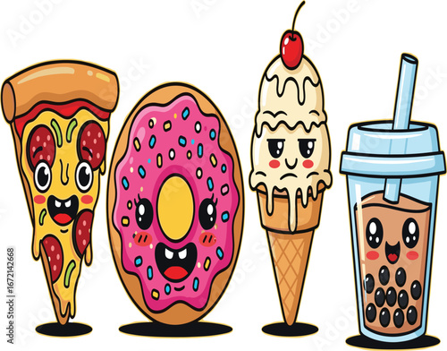 Cartoon food characters vector, smiling pizza donut ice cream bubble tea, kids snack illustration, cute dessert clipart, playful design