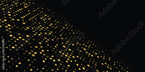 Abstract luxury banner with golden glittering dots on black background. Sparkling glitter bottom border, vector frame. Halftone effect. Magical gold dust. Pop art style backdrop.