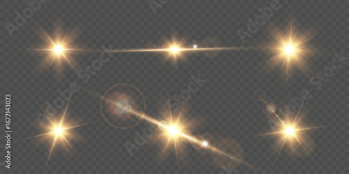 Shiny vector light flare collection. Glowing starburst effects, transparent rays, isolated sun glow and realistic lens flares with sparkle glare for photography, decoration, and creative design.