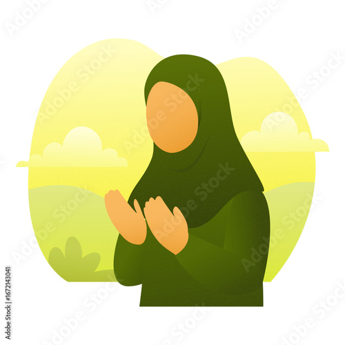 Illustration of a Muslim woman praying with raised hands, symbolizing faith, worship, devotion, and spirituality. Perfect for Islamic, religious, and cultural themes.