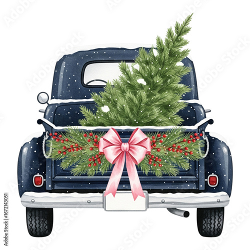 Vintage blue truck decorated with christmas tree and bow isolated on transparent background