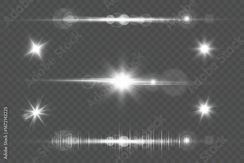 Bright lens flare vector collection. Transparent glow effects, star flashes, shiny rays and glowing light spots for photo overlays, digital design, nature sunshine, sky illumination, and decoration.