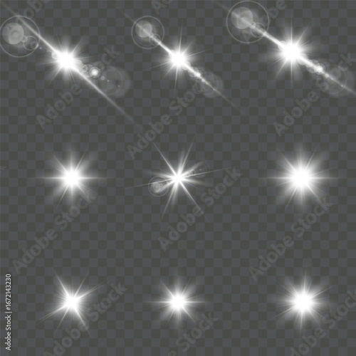Vector lens flare light effects set. Isolated glowing star bursts, shiny flash and transparent light rays with sparkle glare. Realistic sun flare illumination for backgrounds, design, abstract effects