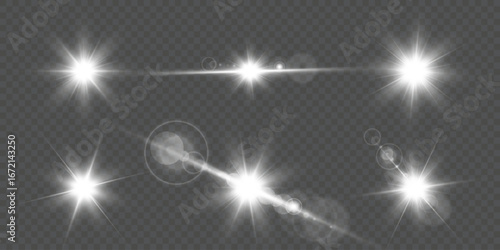 Shiny vector light flare collection. Glowing starburst effects, transparent rays, isolated sun glow and realistic lens flares with sparkle glare for photography, decoration, and creative design.