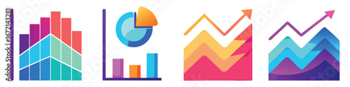Colorful abstract bar charts pie chart and line graphs with upward arrows upward trend growth