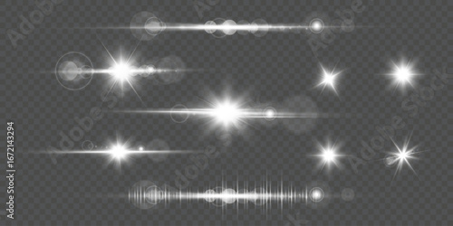 Bright lens flare vector collection. Transparent glow effects, star flashes, shiny rays and glowing light spots for photo overlays, digital design, nature sunshine, sky illumination, and decoration.