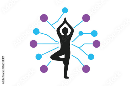 Yoga Tree Pose with Tech Connections Symbolizing Holistic Wellness and Digital Integration in Modern Health Practices and Wellbeing