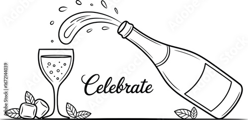 Champagne Celebration Illustration, Wine Bottle and Glass Line Art.