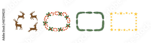 Festive borders with holiday elements: reindeer, stars, candy canes, evergreen
