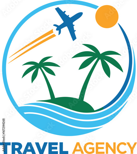 Modern and vibrant travel agency logo design featuring a circular emblem with a tropical island palm trees airplane and sun symbolizing global vacation and adventure