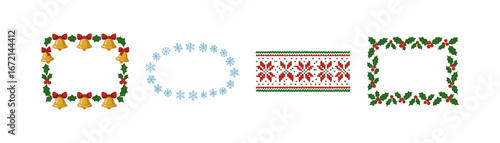 Festive christmas borders with holly, bells, snowflakes, and knitted patterns