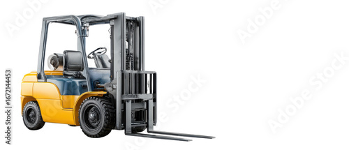 A detailed view of a yellow and black forklift, showcasing its lifting mechanism and ergonomic design.