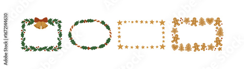 Festive holiday borders with gingerbread cookies and holly decorations