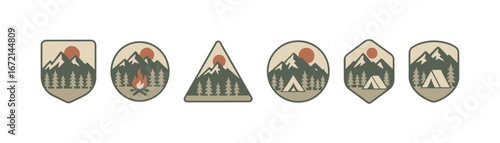 Retro camping badges with mountain and forest designs in vintage style