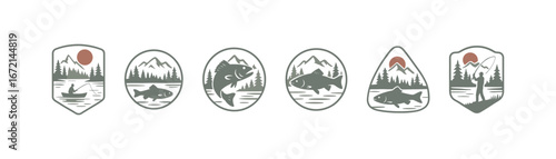 Retro fishing badges featuring nature scenes and fish silhouettes