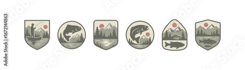 Vintage fishing badges with nature and mountain scenes
