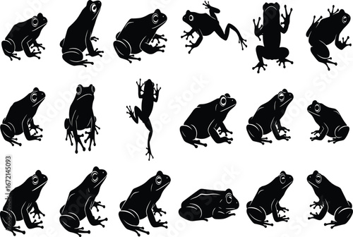 Frog silhouette set, animal vector pack, amphibian poses, jumping frog graphics, black illustration, biology reference, leaping crouching climbing frogs