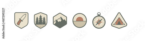 Vintage outdoor adventure icons featuring compass, tent, knife, trees, mountains, and sunset