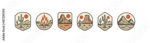 Southwestern desert badge set with cacti and mountains