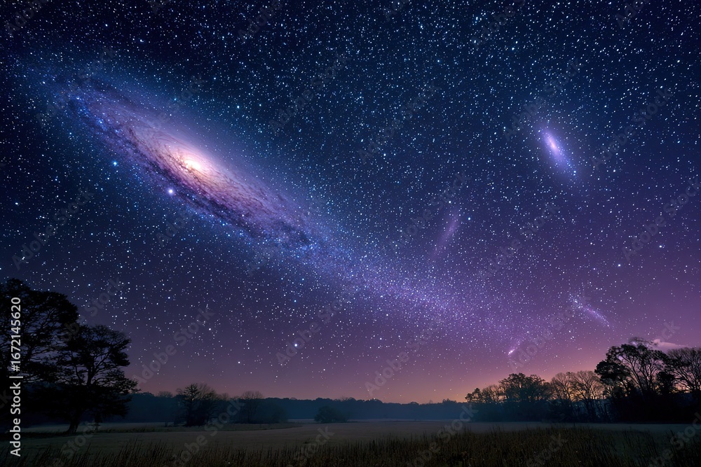 Fototapeta premium View of andromeda galaxy and other celestial bodies over a serene landscape at night