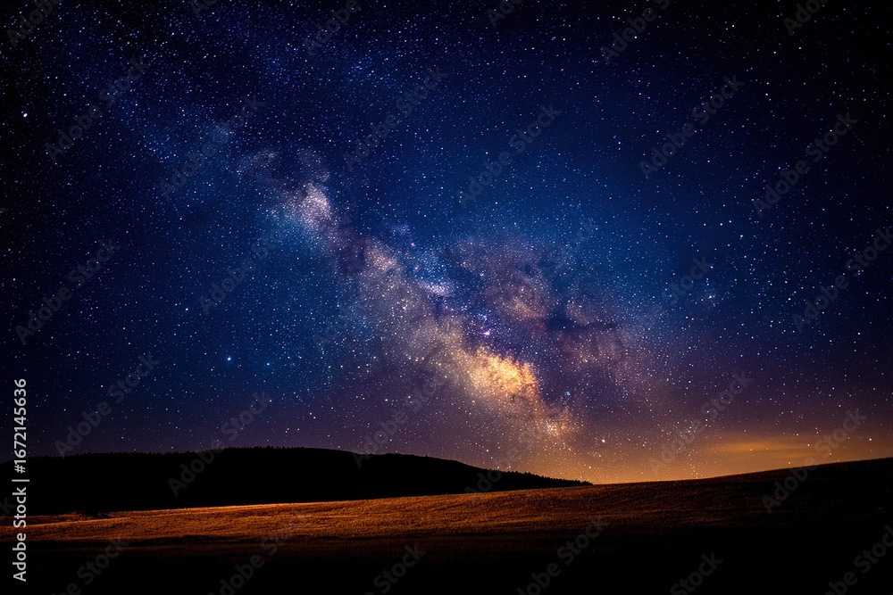 Fototapeta premium Night sky filled with stars over a dark silhouette of hills at a tranquil location