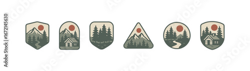 Vintage travel badge collection featuring rustic mountain and forest landscapes