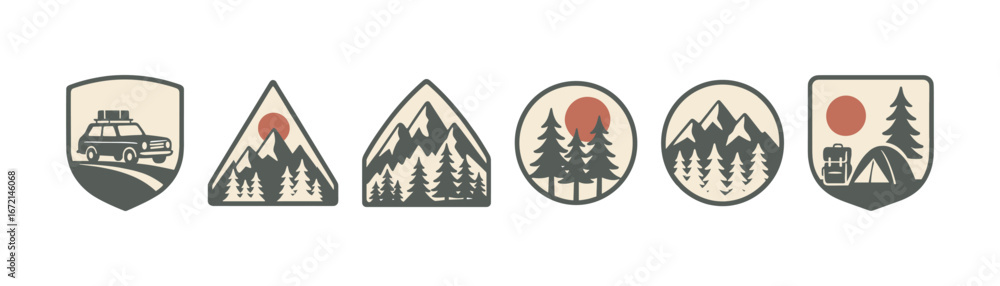 Obraz premium Retro camping badges featuring mountains, trees, and sun