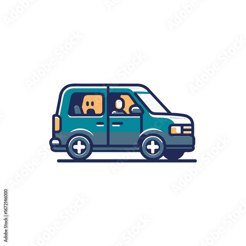 A colorful cartoon-style van with passengers driving through a vibrant cityscape background