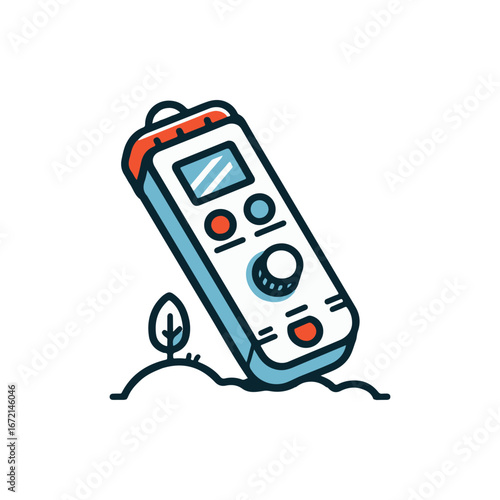 A colorful digital multimeter leaning against a small plant in a serene outdoor setting