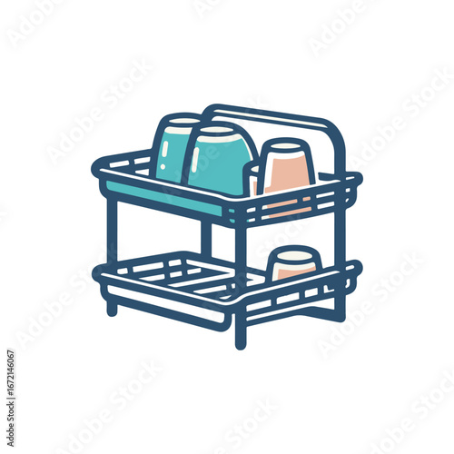 A colorful dish rack holding clean cups and glasses, set against a minimalistic background