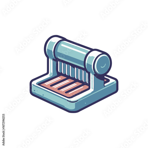 A colorful illustration of a modern paper cutter on a clean workspace with stationery in the background