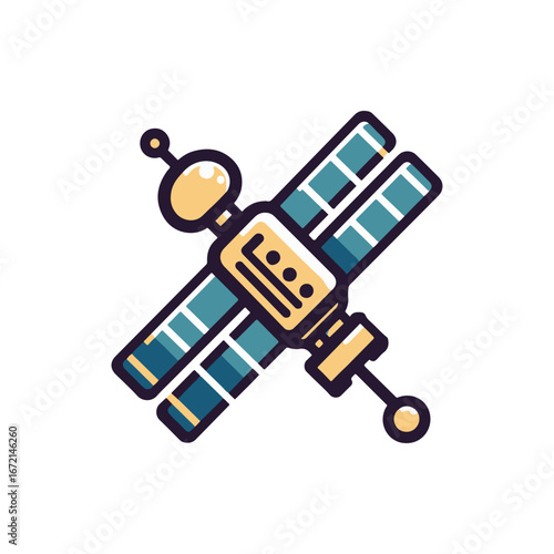 A colorful illustration of a futuristic satellite in space, showcasing advanced technology and design