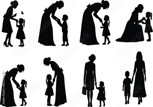 Mother and child silhouette set, parenting vector illustration, nurturing interaction icons, emotional care graphic pack, family relationship design