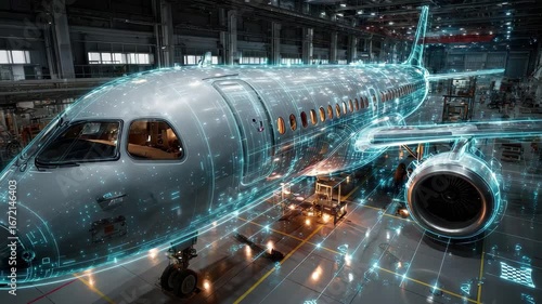 Airplane Assembly Digital Overlay Factory Tech Innovation, 4k video footage